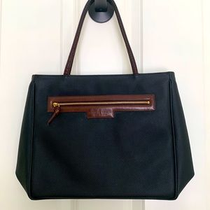 BOTTEGA VENETA Tote Leather Bag, Black with Brown Trim, Vintage, Italy